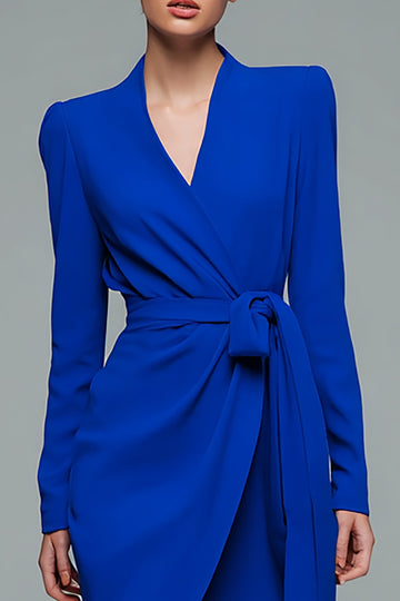 Royal Blue V Neck Bodycon Work Dress with Sash